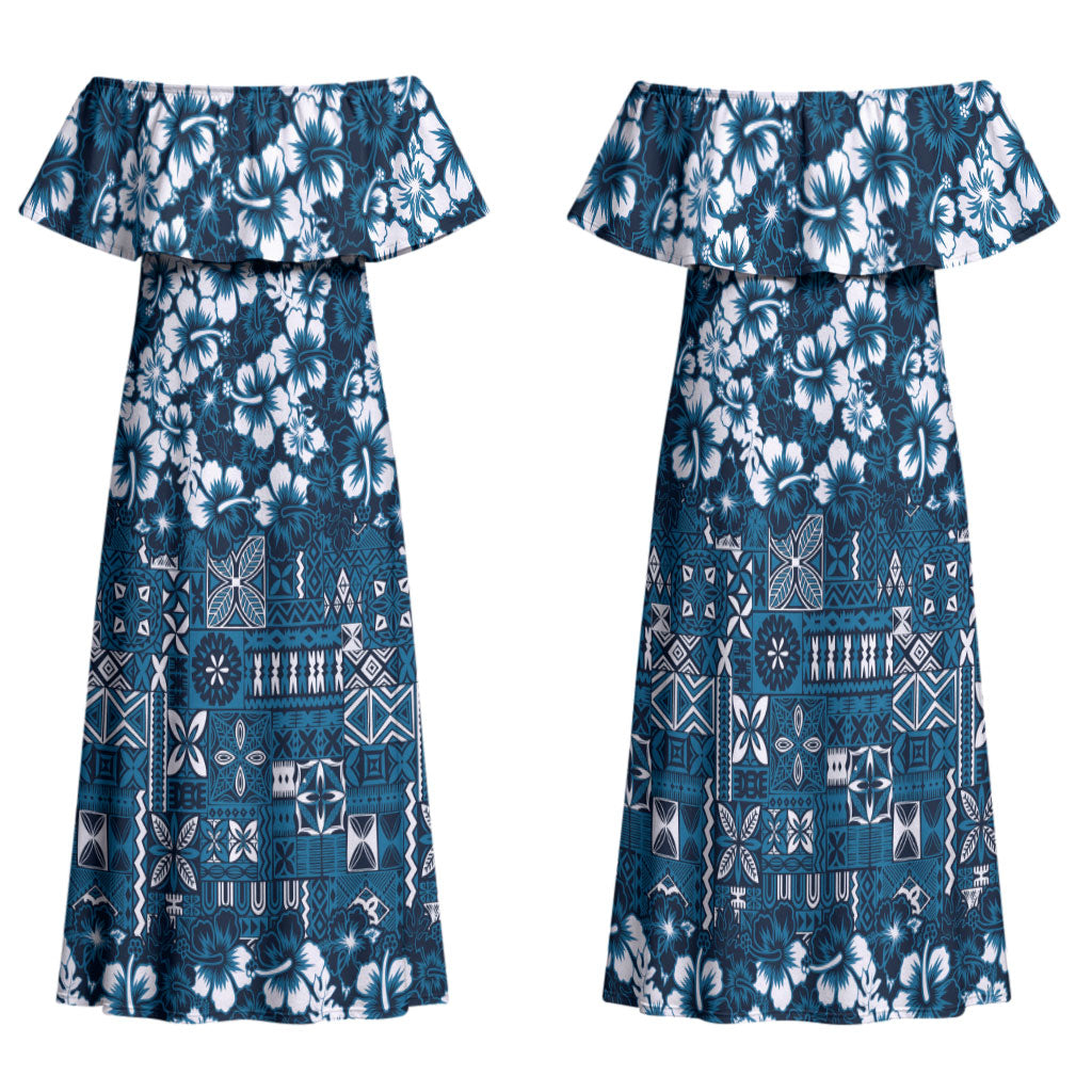 Blue Hawaiian Tapa Tribal Hibiscus Family Matching Off Shoulder Maxi Dress and Hawaiian Shirt