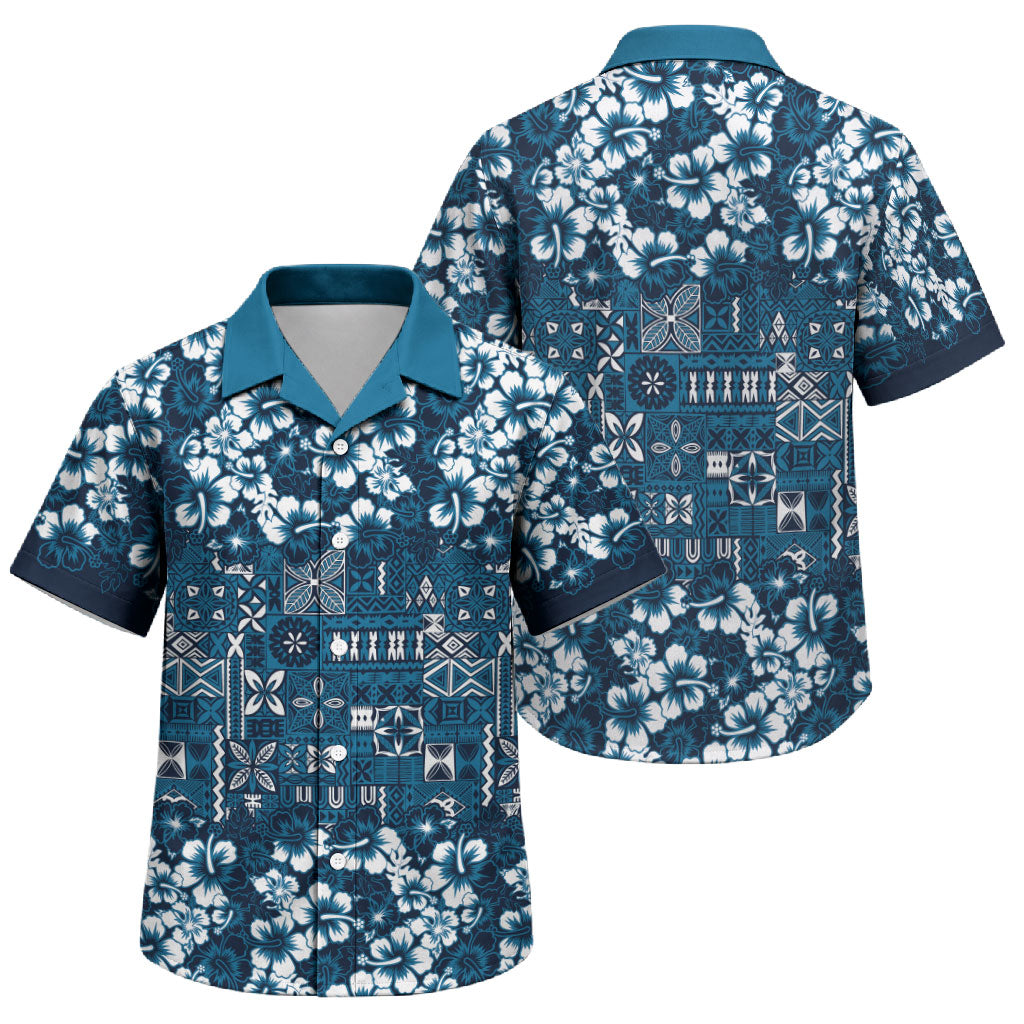 Blue Hawaiian Tapa Tribal Hibiscus Family Matching Off Shoulder Maxi Dress and Hawaiian Shirt