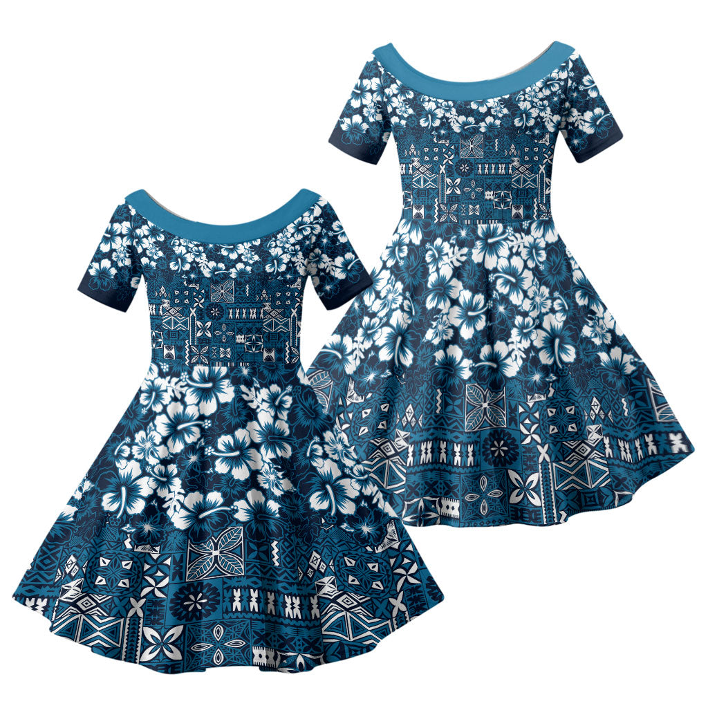 Blue Hawaiian Tapa Tribal Hibiscus Family Matching Off Shoulder Short Dress and Hawaiian Shirt