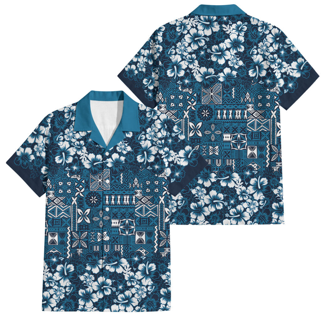 Blue Hawaiian Tapa Tribal Hibiscus Family Matching Puletasi and Hawaiian Shirt
