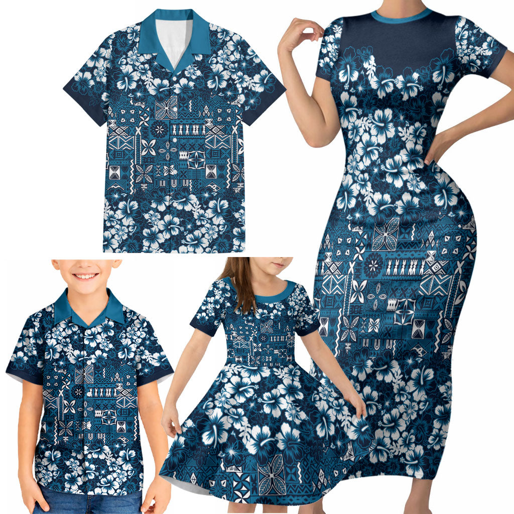 Blue Hawaiian Tapa Tribal Hibiscus Family Matching Short Sleeve Bodycon Dress and Hawaiian Shirt LT9 - Polynesian Pride