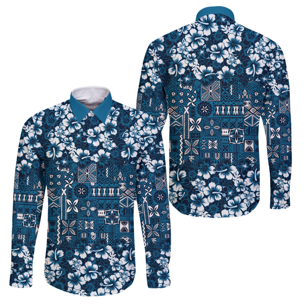 Blue Hawaiian Tapa Tribal Hibiscus Family Matching Tank Maxi Dress and Hawaiian Shirt