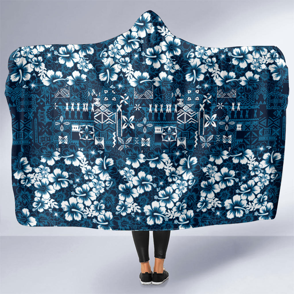 Blue Hawaiian Tapa Tribal Hibiscus Hooded Blanket