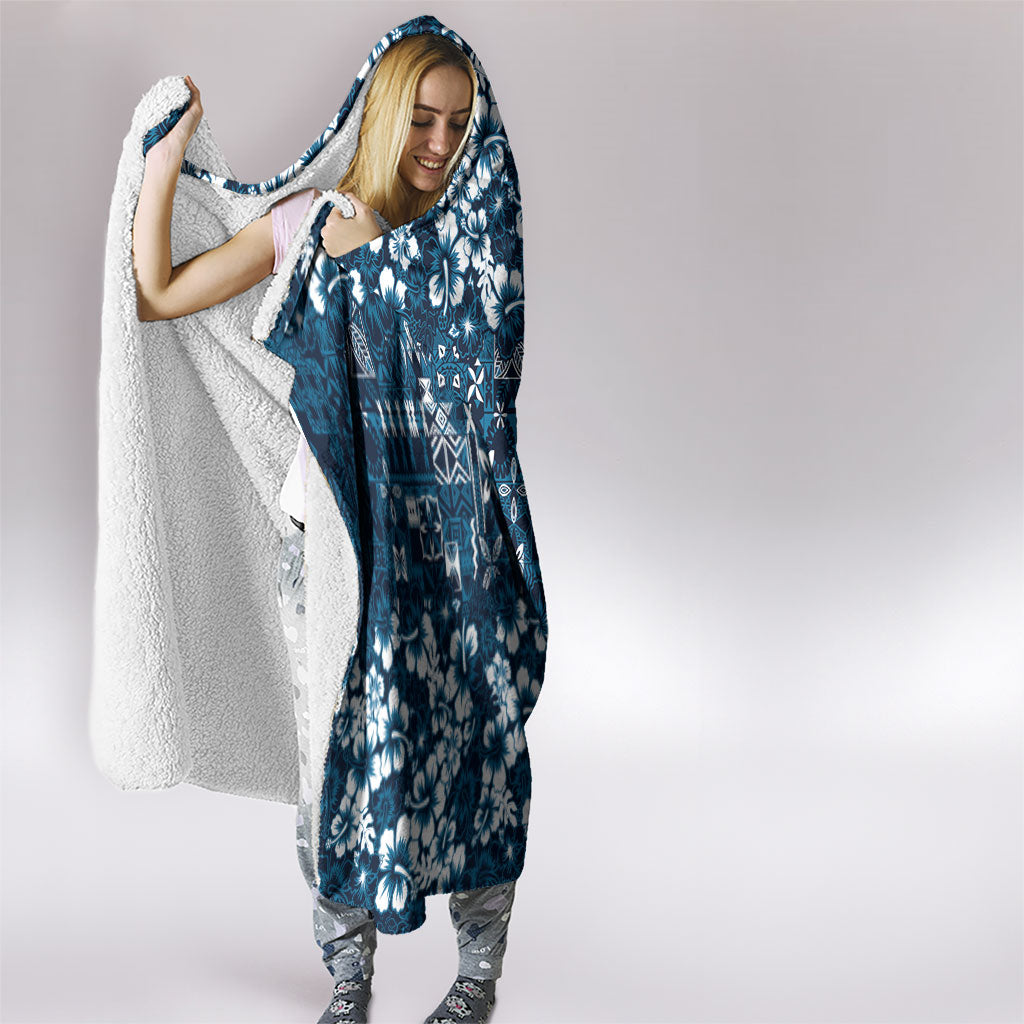 Blue Hawaiian Tapa Tribal Hibiscus Hooded Blanket
