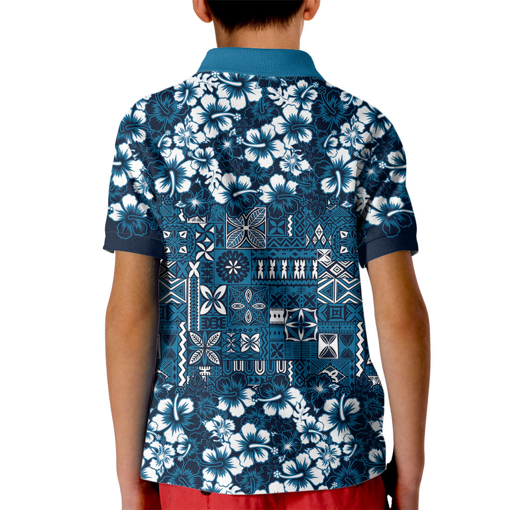 Blue Hawaiian Tapa Tribal Hibiscus Kid Polo Shirt