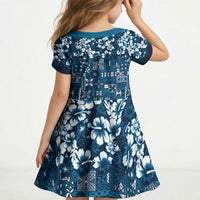 Blue Hawaiian Tapa Tribal Hibiscus Kid Short Sleeve Dress
