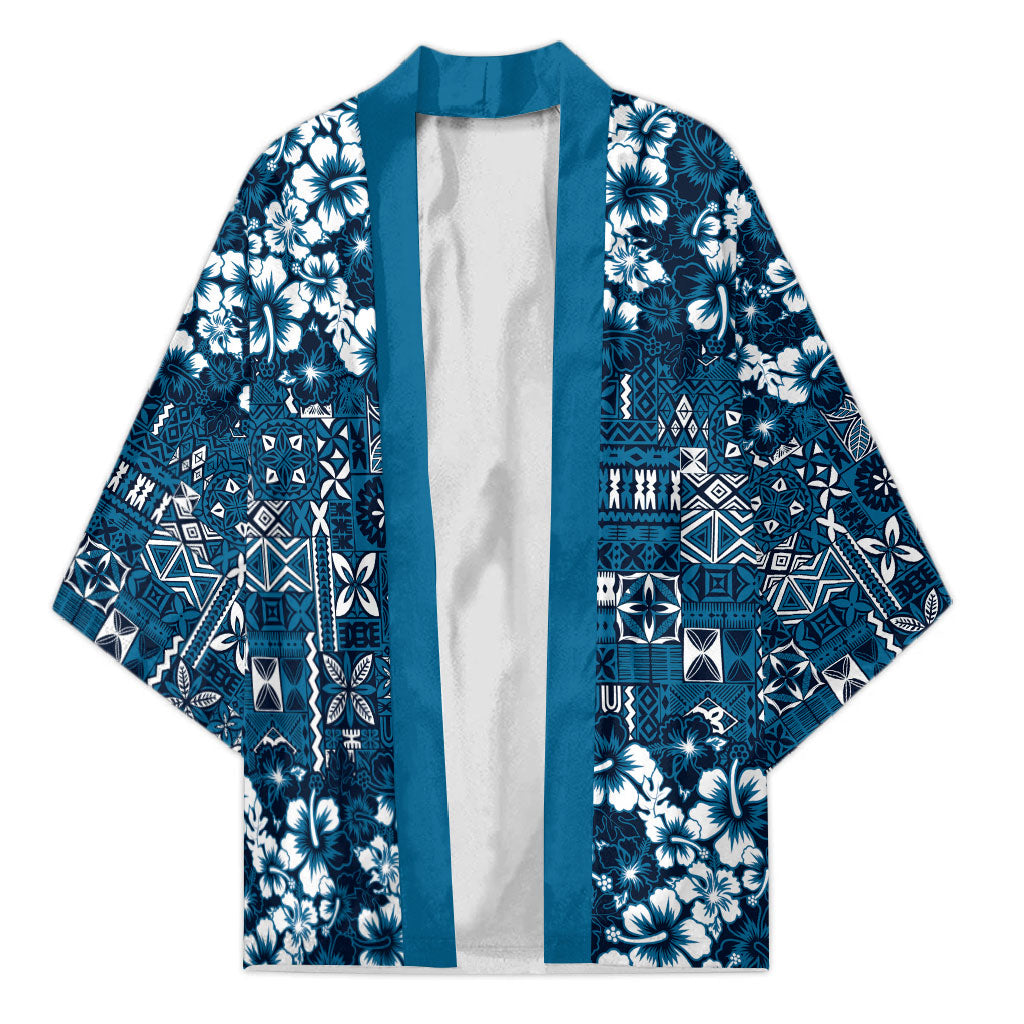 Blue Hawaiian Tapa Tribal Hibiscus Kimono