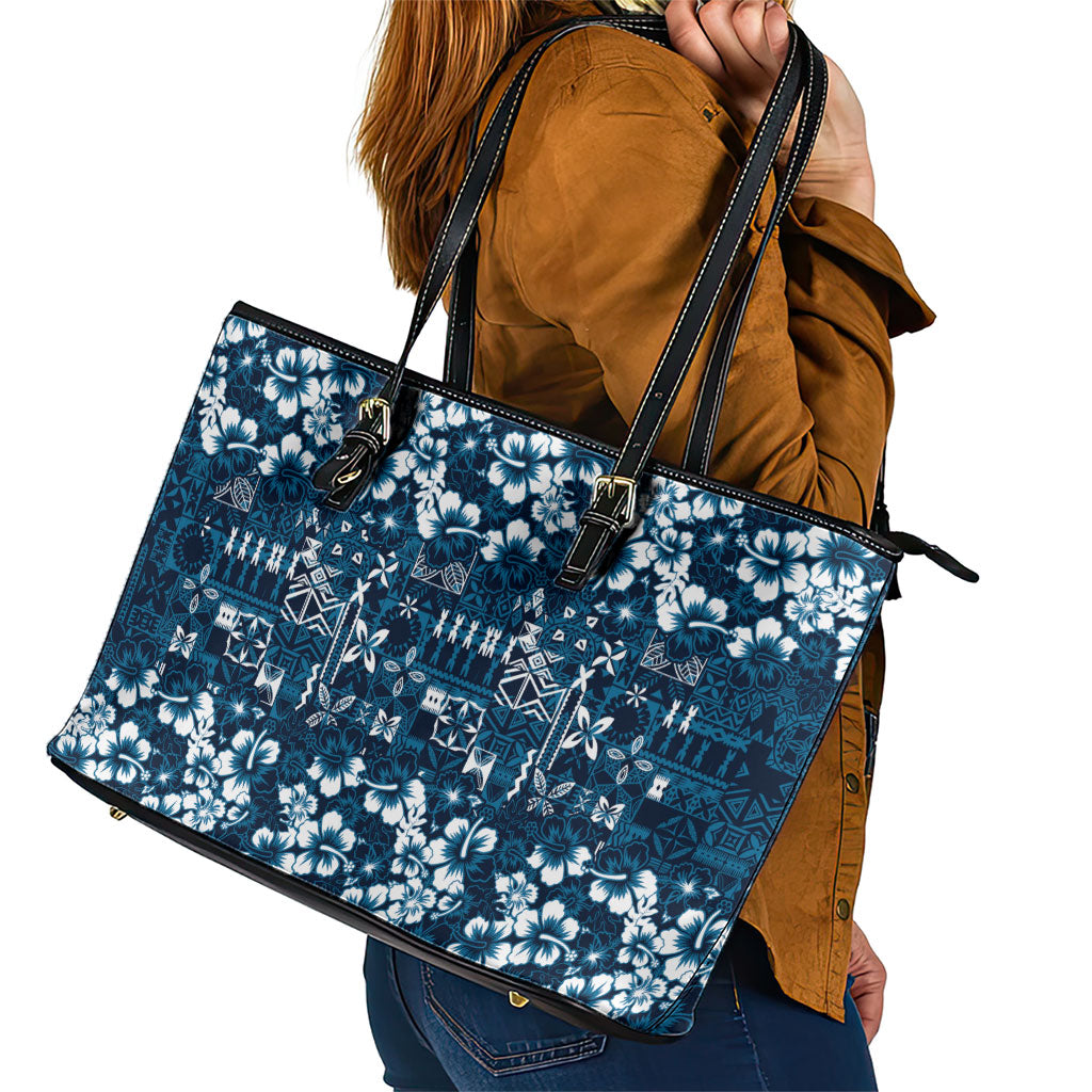 Blue Hawaiian Tapa Tribal Hibiscus Leather Tote Bag