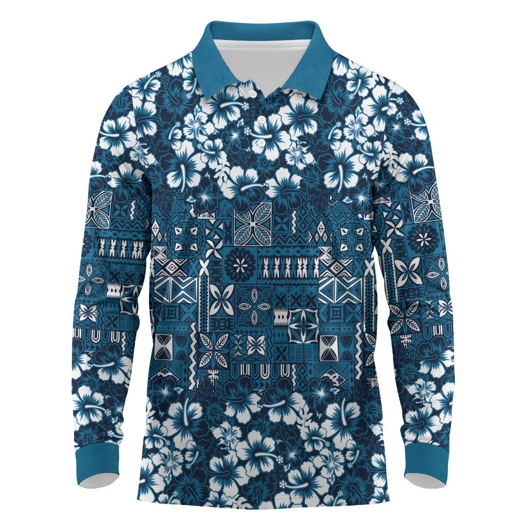 Blue Hawaiian Tapa Tribal Hibiscus Long Sleeve Polo Shirt