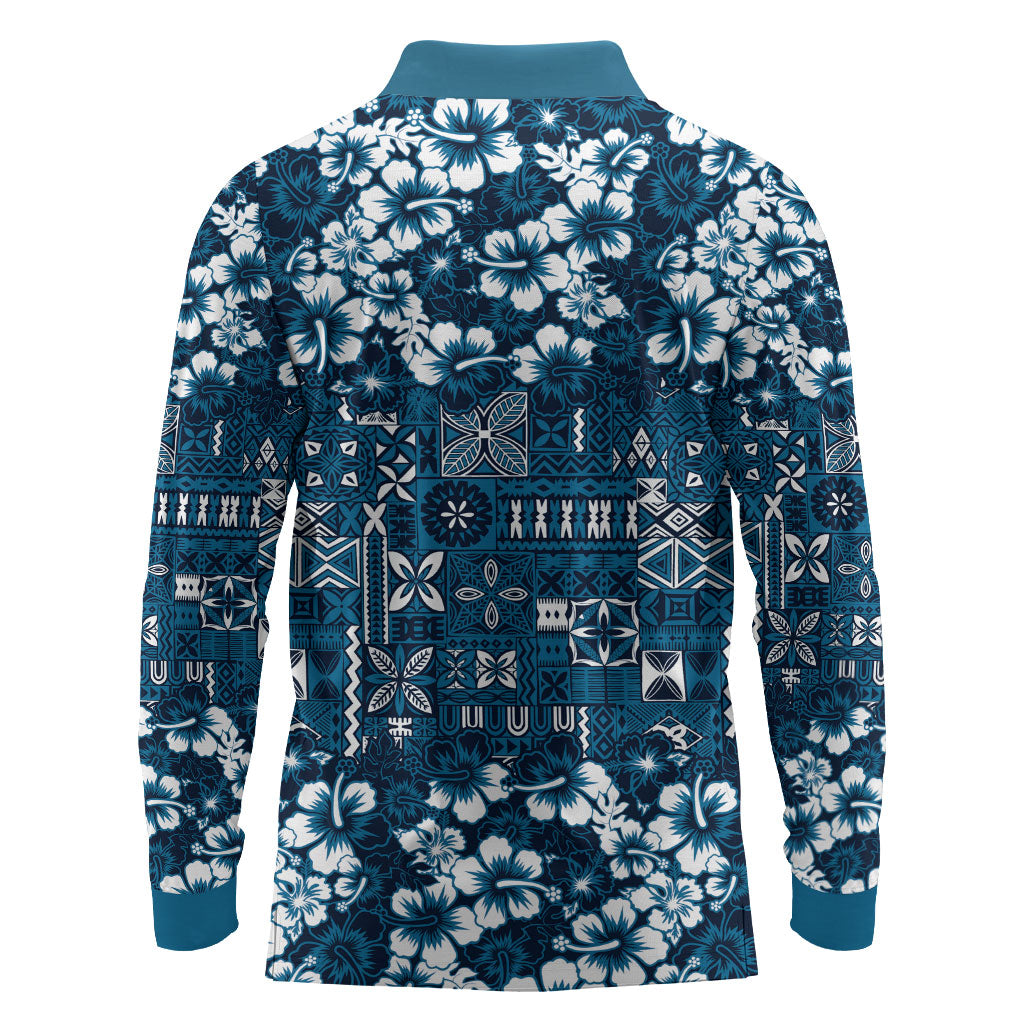 Blue Hawaiian Tapa Tribal Hibiscus Long Sleeve Polo Shirt