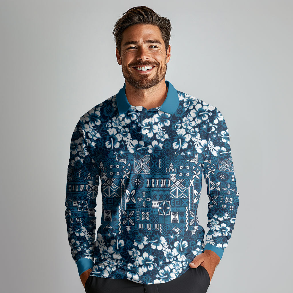 Blue Hawaiian Tapa Tribal Hibiscus Long Sleeve Polo Shirt