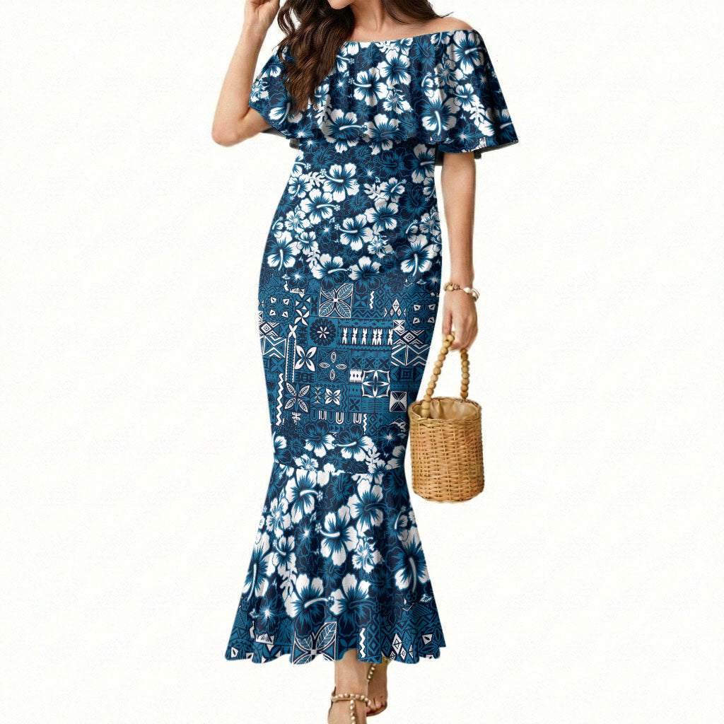 Blue Hawaiian Tapa Tribal Hibiscus Mermaid Dress