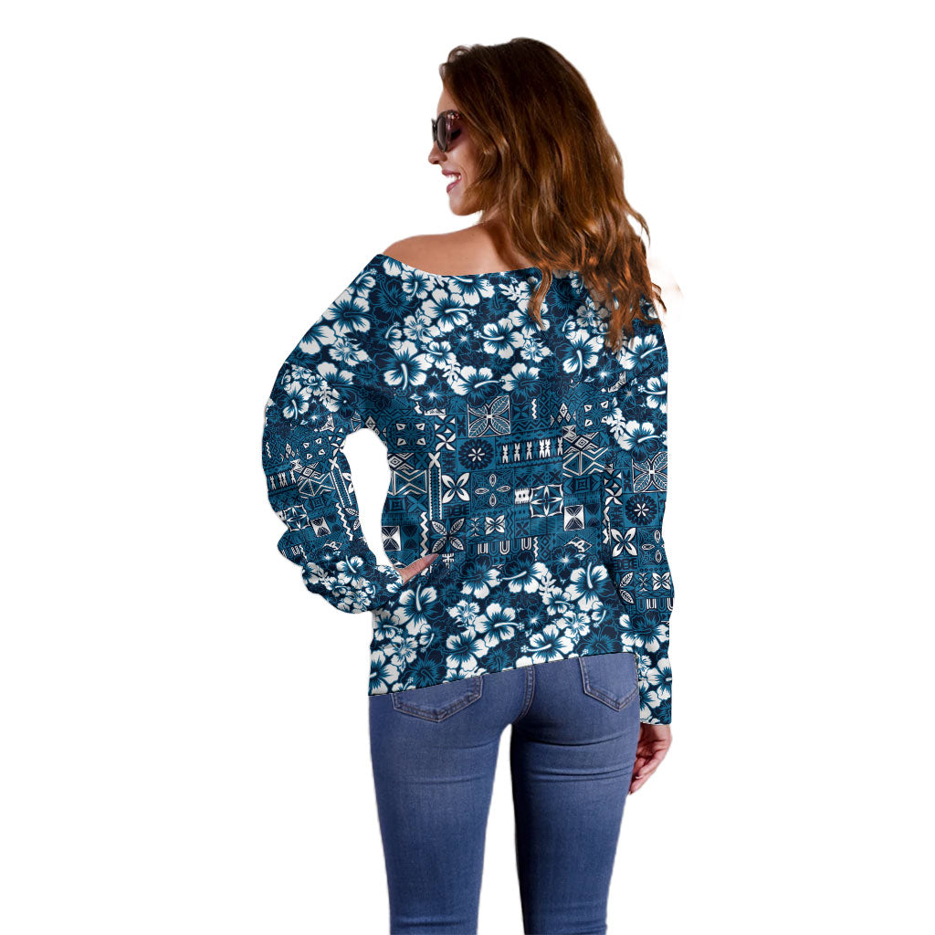Blue Hawaiian Tapa Tribal Hibiscus Off Shoulder Sweater
