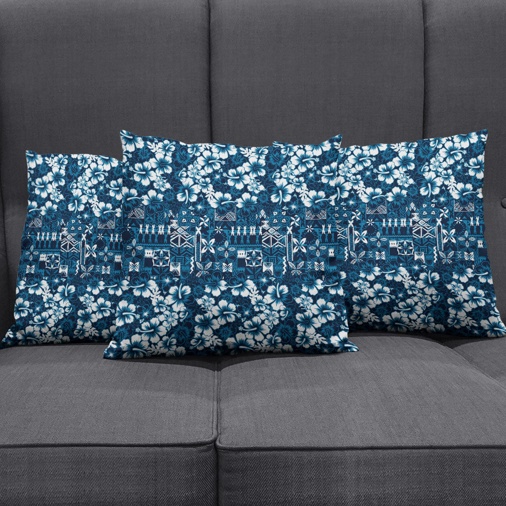 Blue Hawaiian Tapa Tribal Hibiscus Pillow Cover