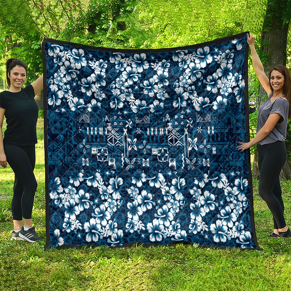 Blue Hawaiian Tapa Tribal Hibiscus Quilt