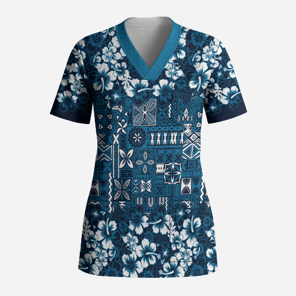 Blue Hawaiian Tapa Tribal Hibiscus Scrub Top