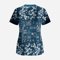 Blue Hawaiian Tapa Tribal Hibiscus Scrub Top