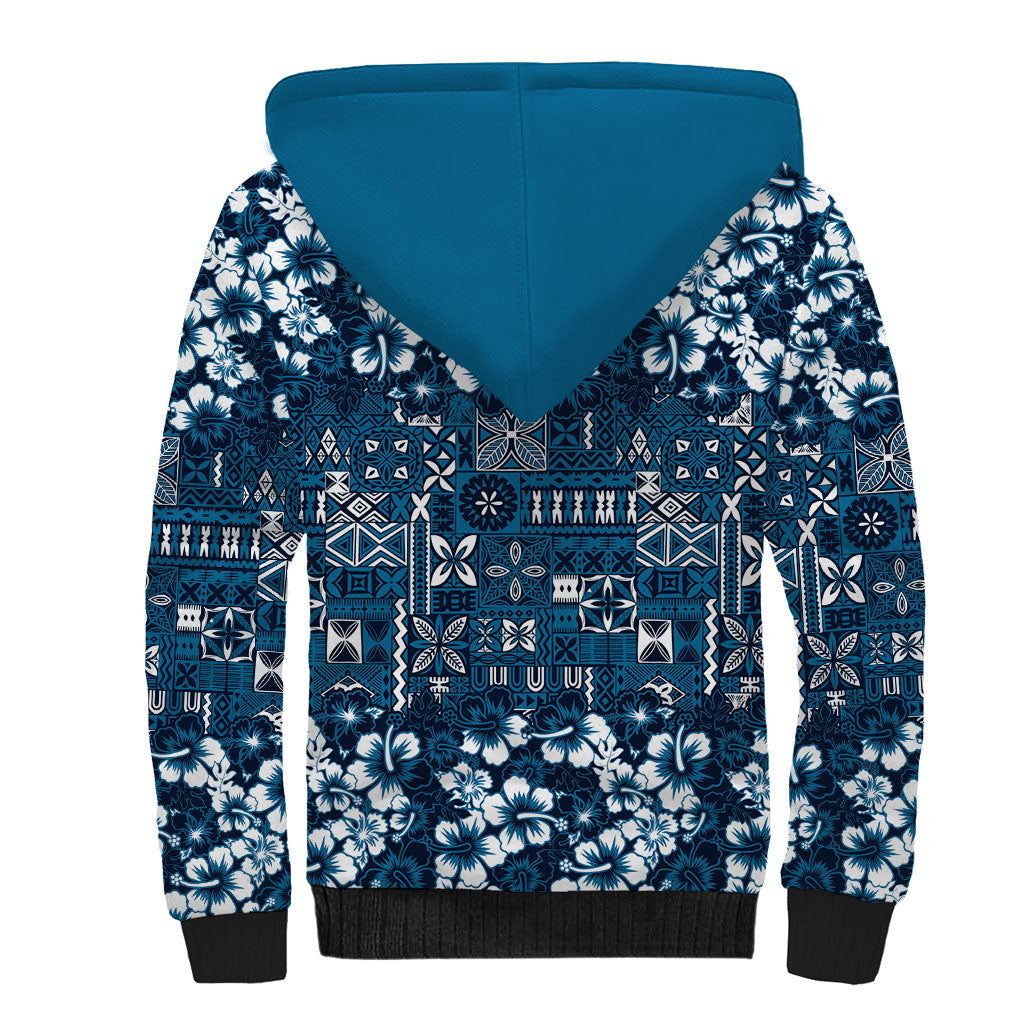 Blue Hawaiian Tapa Tribal Hibiscus Sherpa Hoodie