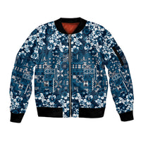 Blue Hawaiian Tapa Tribal Hibiscus Sleeve Zip Bomber Jacket
