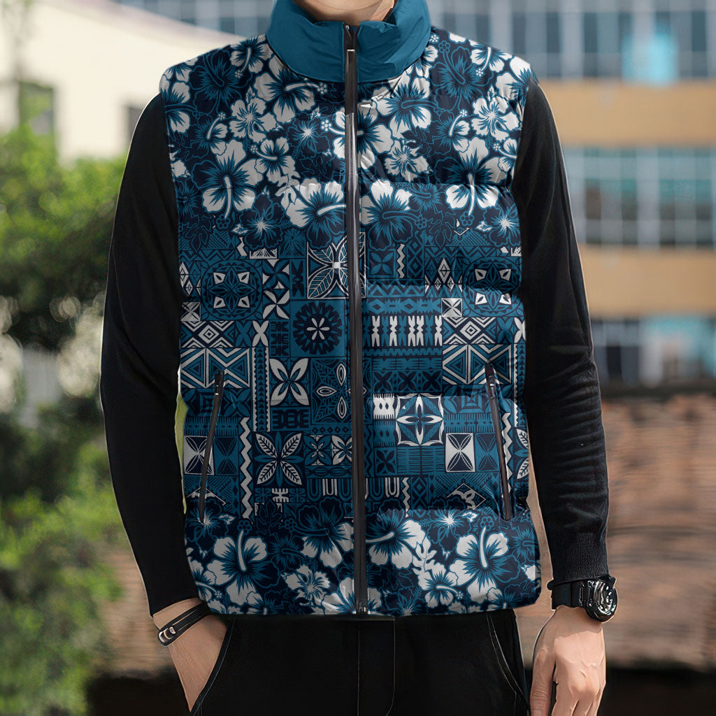 Blue Hawaiian Tapa Tribal Hibiscus Sleeveless Puffer Jacket