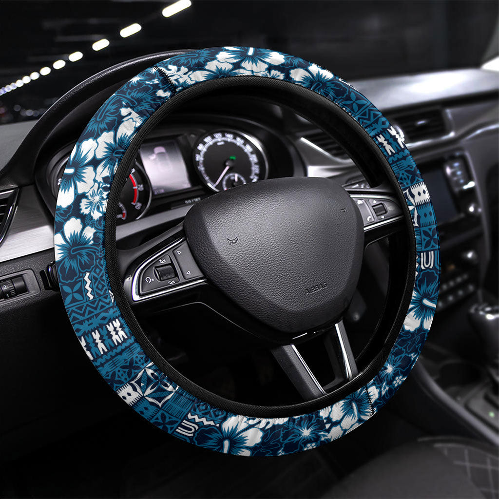 Blue Hawaiian Tapa Tribal Hibiscus Steering Wheel Cover