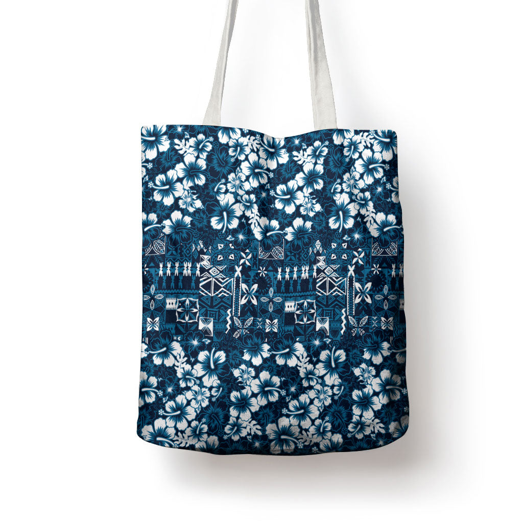 Blue Hawaiian Tapa Tribal Hibiscus Tote Bag