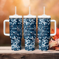 Blue Hawaiian Tapa Tribal Hibiscus Tumbler With Handle