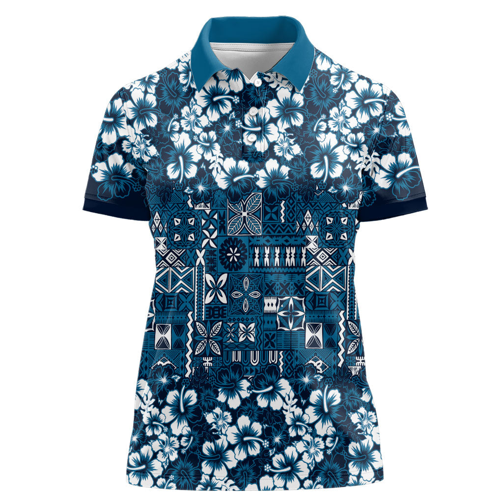 Blue Hawaiian Tapa Tribal Hibiscus Women Polo Shirt