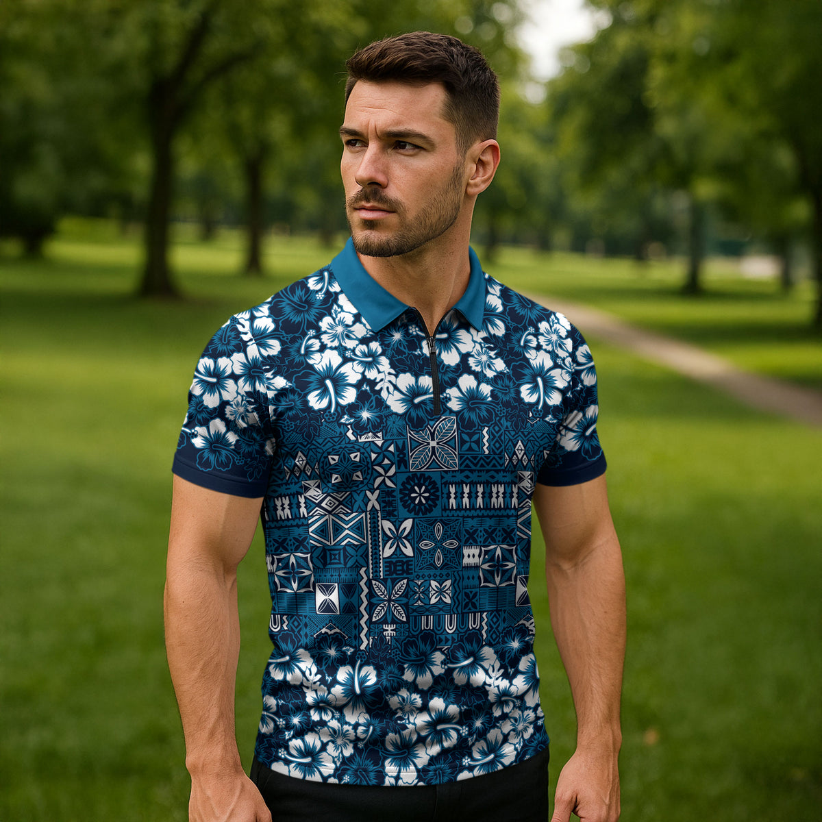 Blue Hawaiian Tapa Tribal Hibiscus Zipper Polo Shirt