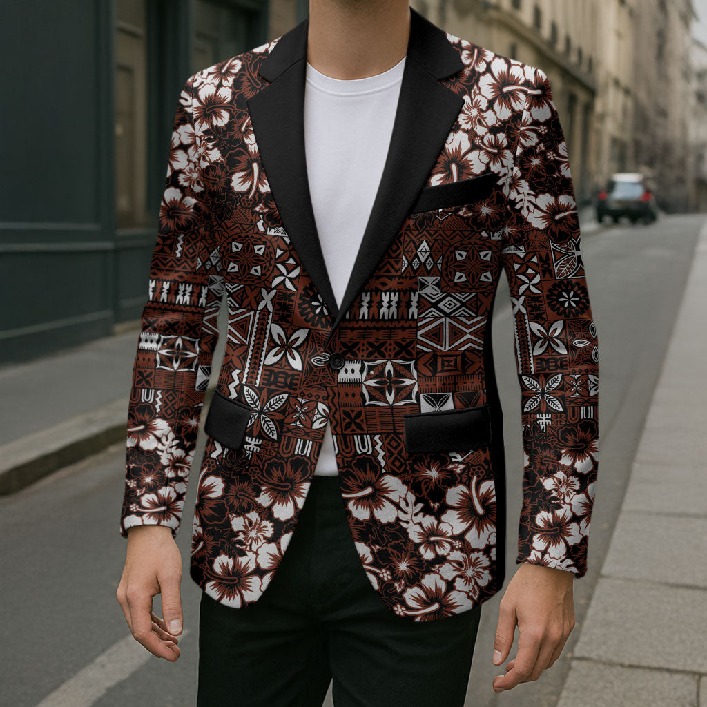 Burgundy Hawaiian Tapa Tribal Hibiscus Blazer