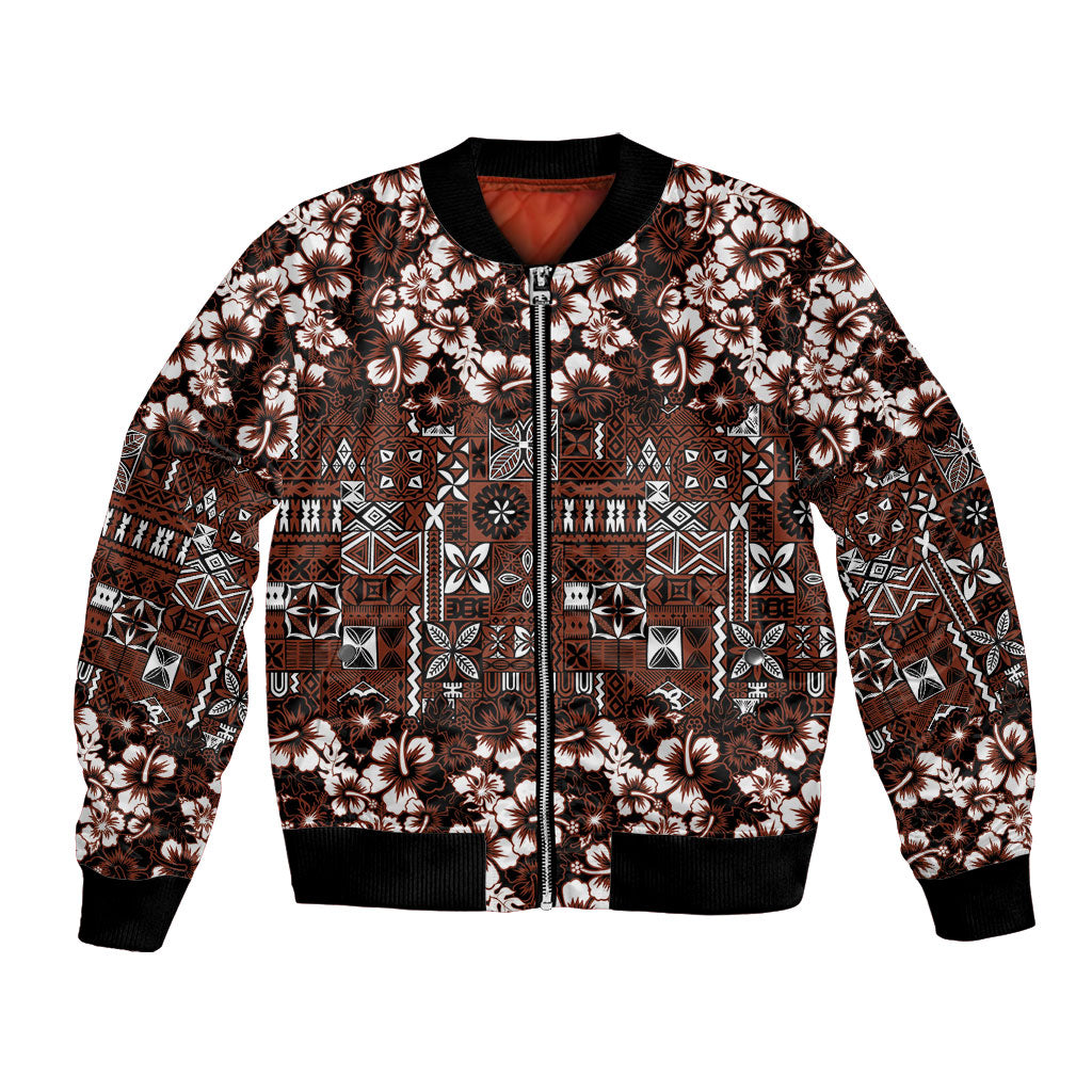 Burgundy Hawaiian Tapa Tribal Hibiscus Bomber Jacket
