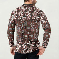 Burgundy Hawaiian Tapa Tribal Hibiscus Button Sweatshirt
