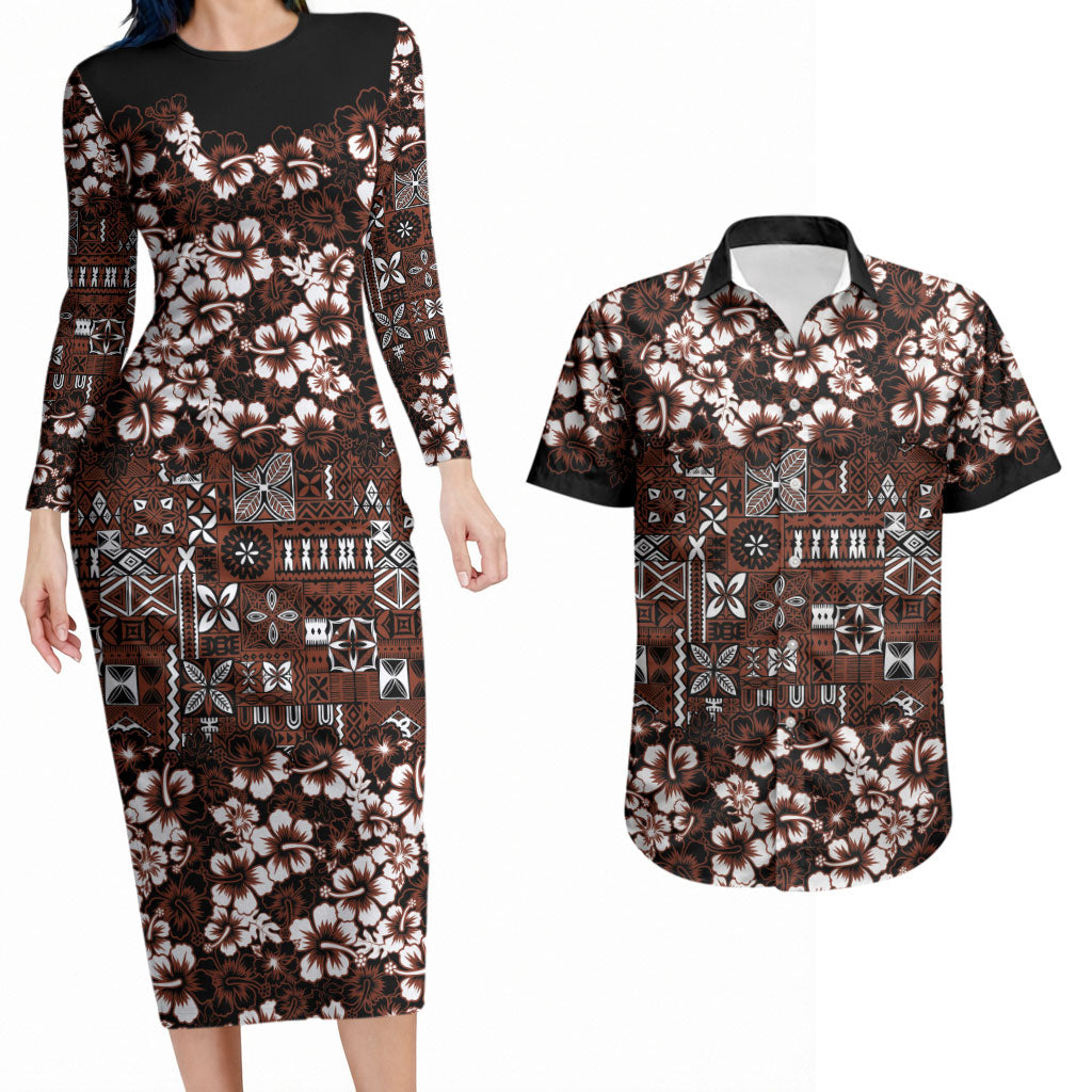 Burgundy Hawaiian Tapa Tribal Hibiscus Couples Matching Long Sleeve Bodycon Dress and Hawaiian Shirt