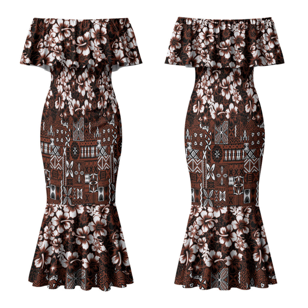 Burgundy Hawaiian Tapa Tribal Hibiscus Couples Matching Mermaid Dress and Long Sleeve Button Shirt