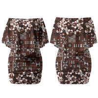 Burgundy Hawaiian Tapa Tribal Hibiscus Couples Matching Off Shoulder Short Dress and Long Sleeve Button Shirt