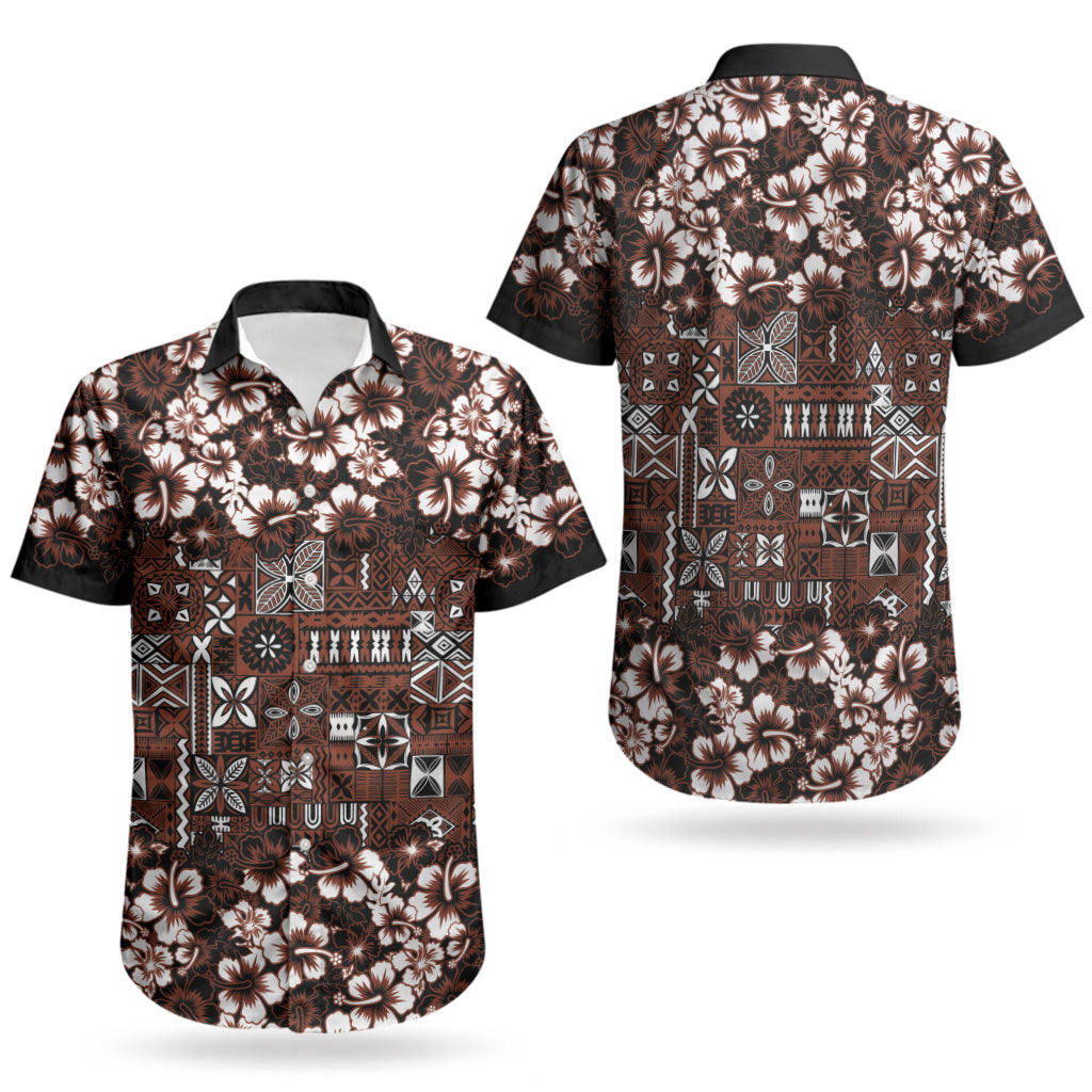 Burgundy Hawaiian Tapa Tribal Hibiscus Couples Matching Off The Shoulder Long Sleeve Dress and Hawaiian Shirt