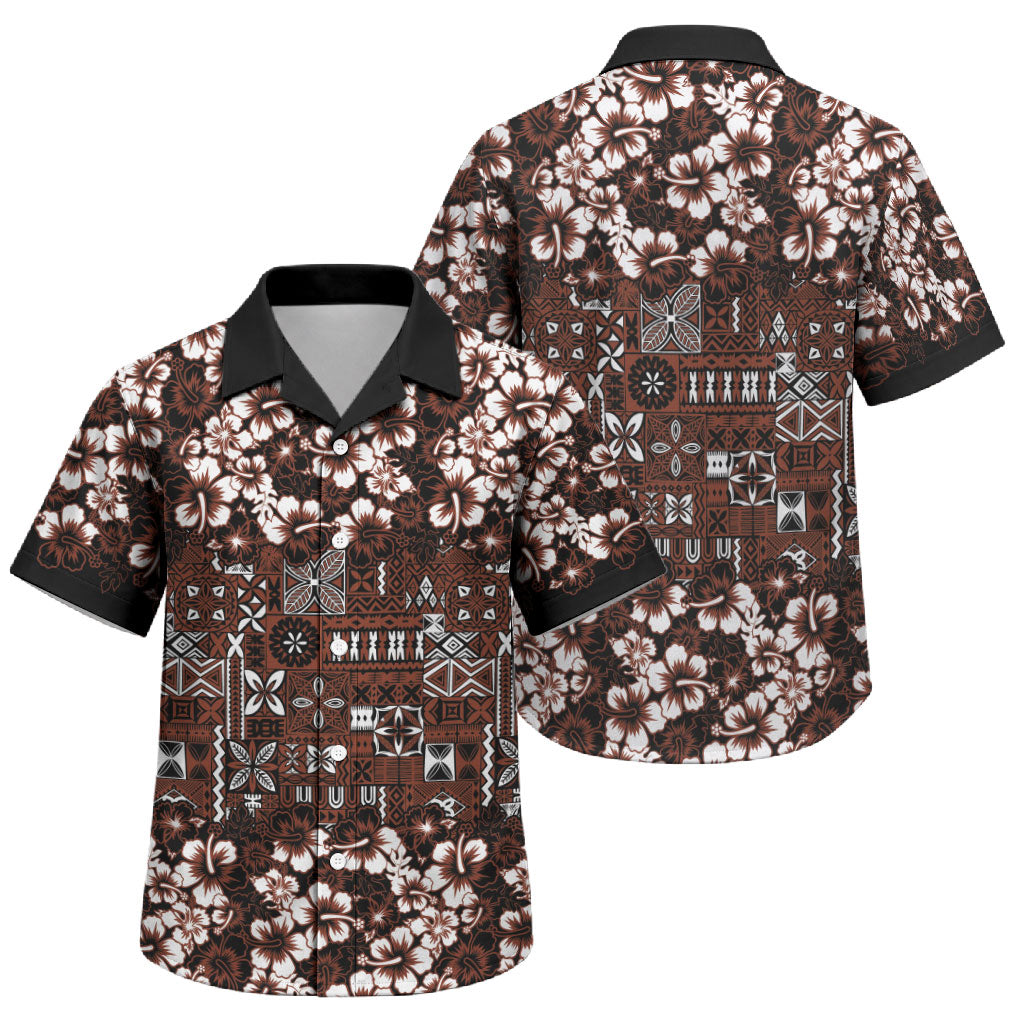 Burgundy Hawaiian Tapa Tribal Hibiscus Family Matching Long Sleeve Bodycon Dress and Hawaiian Shirt