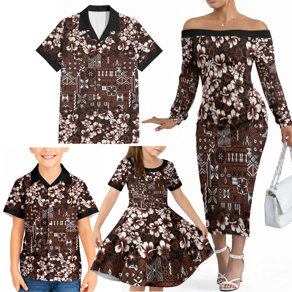 Burgundy Hawaiian Tapa Tribal Hibiscus Family Matching Off The Shoulder Long Sleeve Dress and Hawaiian Shirt