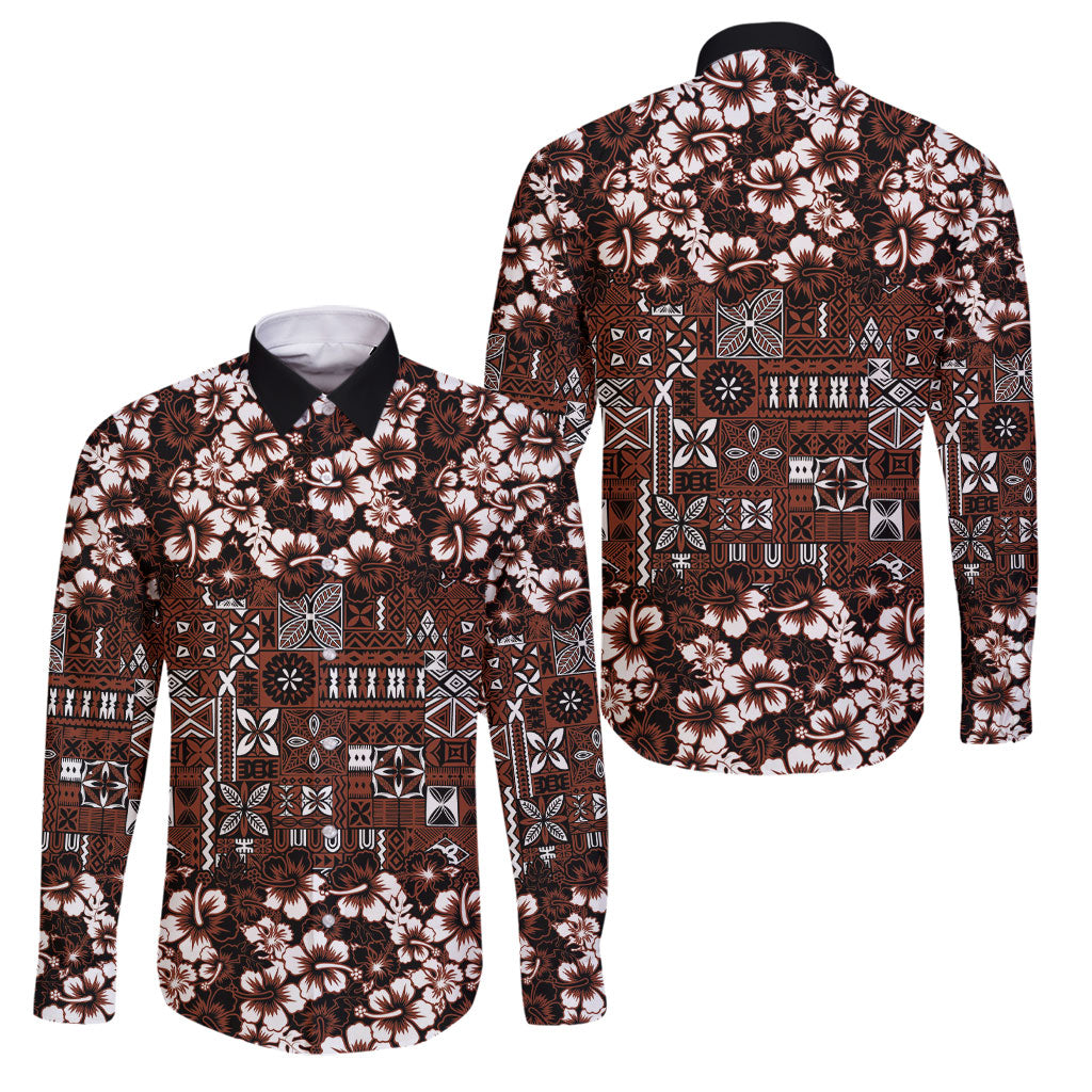 Burgundy Hawaiian Tapa Tribal Hibiscus Family Matching Off The Shoulder Long Sleeve Dress and Hawaiian Shirt