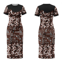 Burgundy Hawaiian Tapa Tribal Hibiscus Family Matching Short Sleeve Bodycon Dress and Hawaiian Shirt