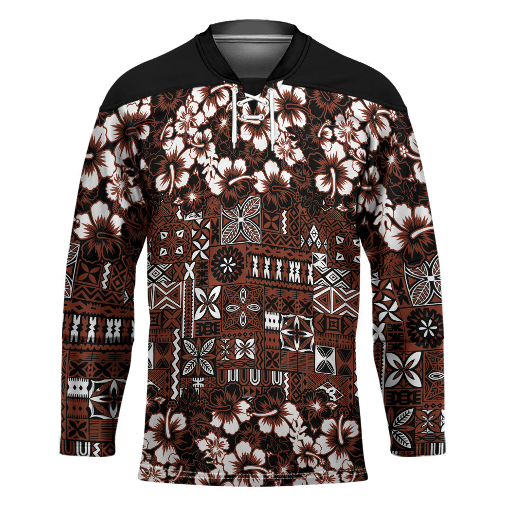 Burgundy Hawaiian Tapa Tribal Hibiscus Hockey Jersey