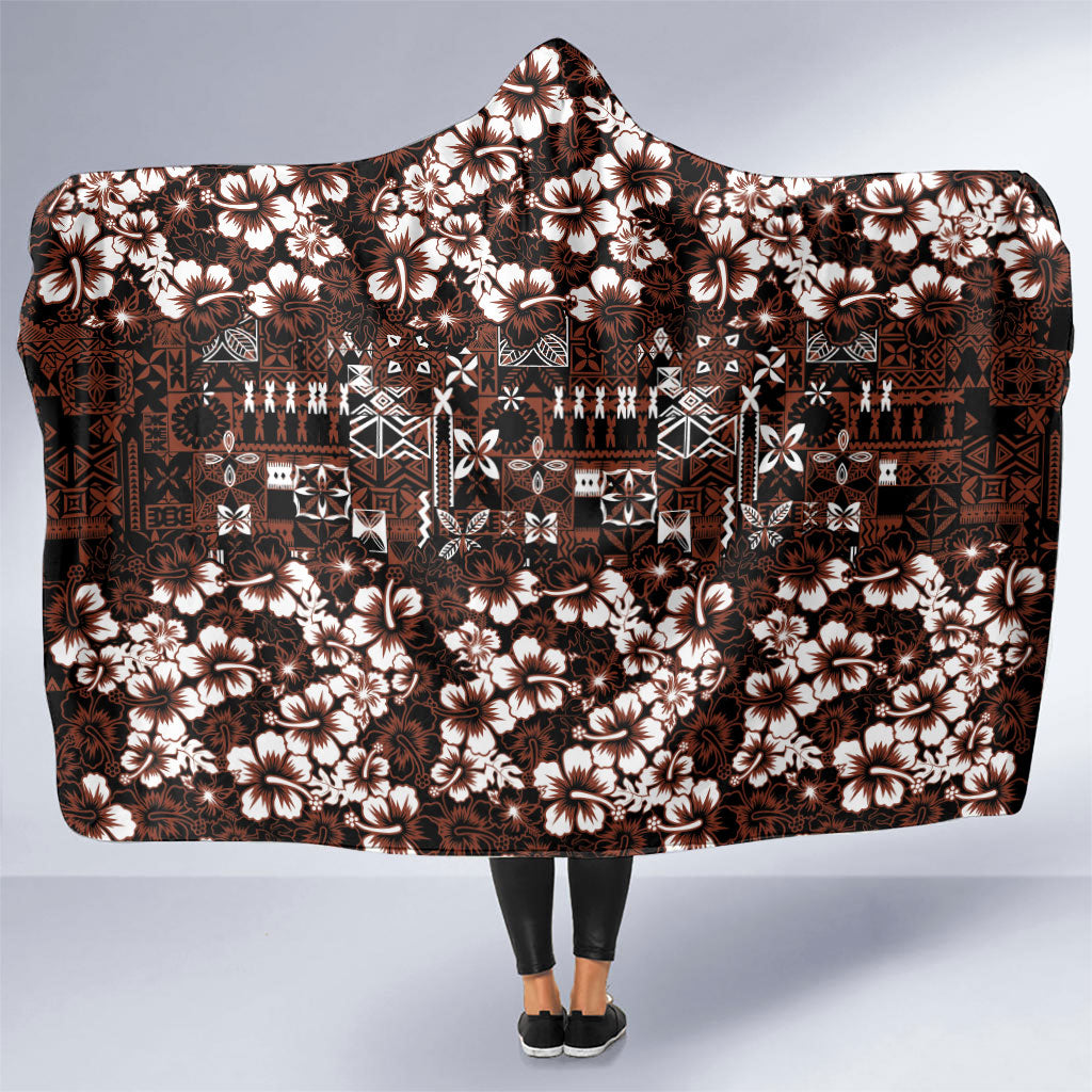 Burgundy Hawaiian Tapa Tribal Hibiscus Hooded Blanket