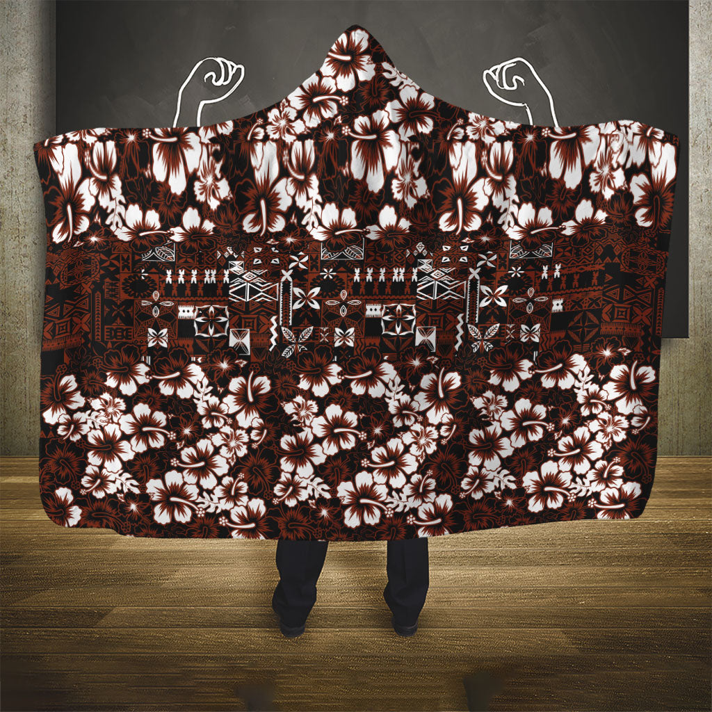 Burgundy Hawaiian Tapa Tribal Hibiscus Hooded Blanket