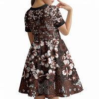 Burgundy Hawaiian Tapa Tribal Hibiscus Kid Short Sleeve Dress