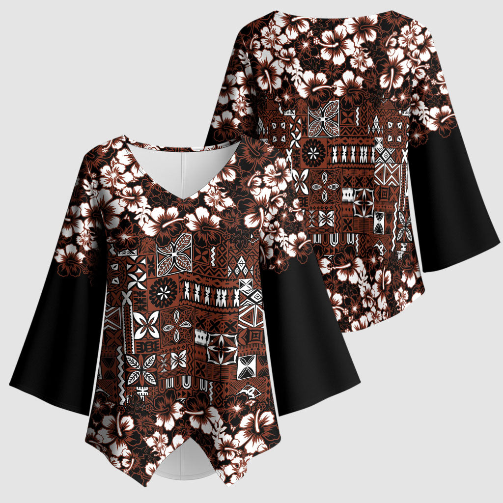 Burgundy Hawaiian Tapa Tribal Hibiscus Kimono Sleeve Blouse