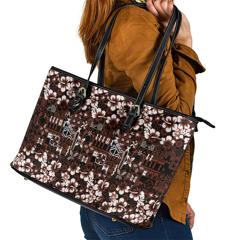 Burgundy Hawaiian Tapa Tribal Hibiscus Leather Tote Bag