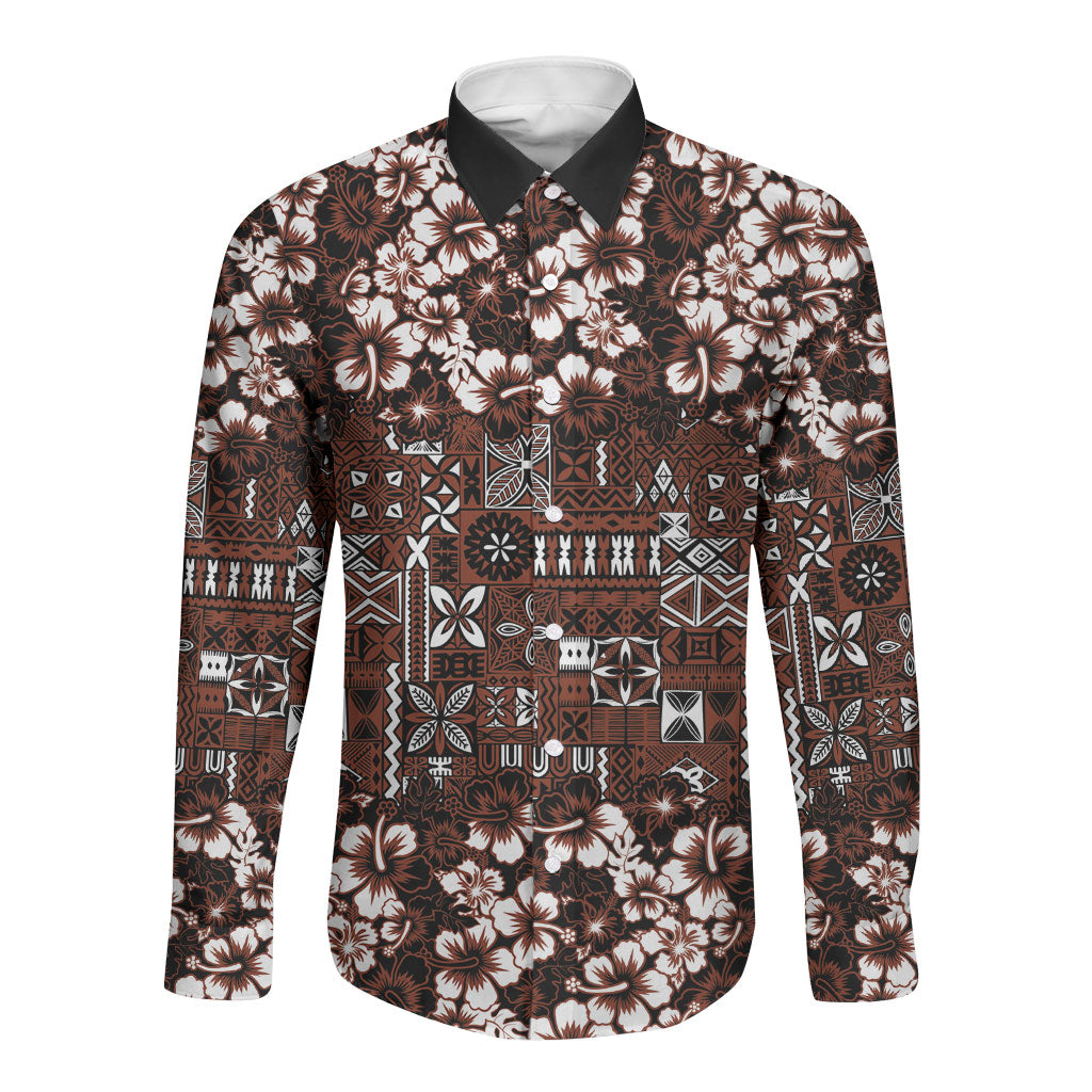 Burgundy Hawaiian Tapa Tribal Hibiscus Long Sleeve Button Shirt