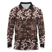 Burgundy Hawaiian Tapa Tribal Hibiscus Long Sleeve Polo Shirt