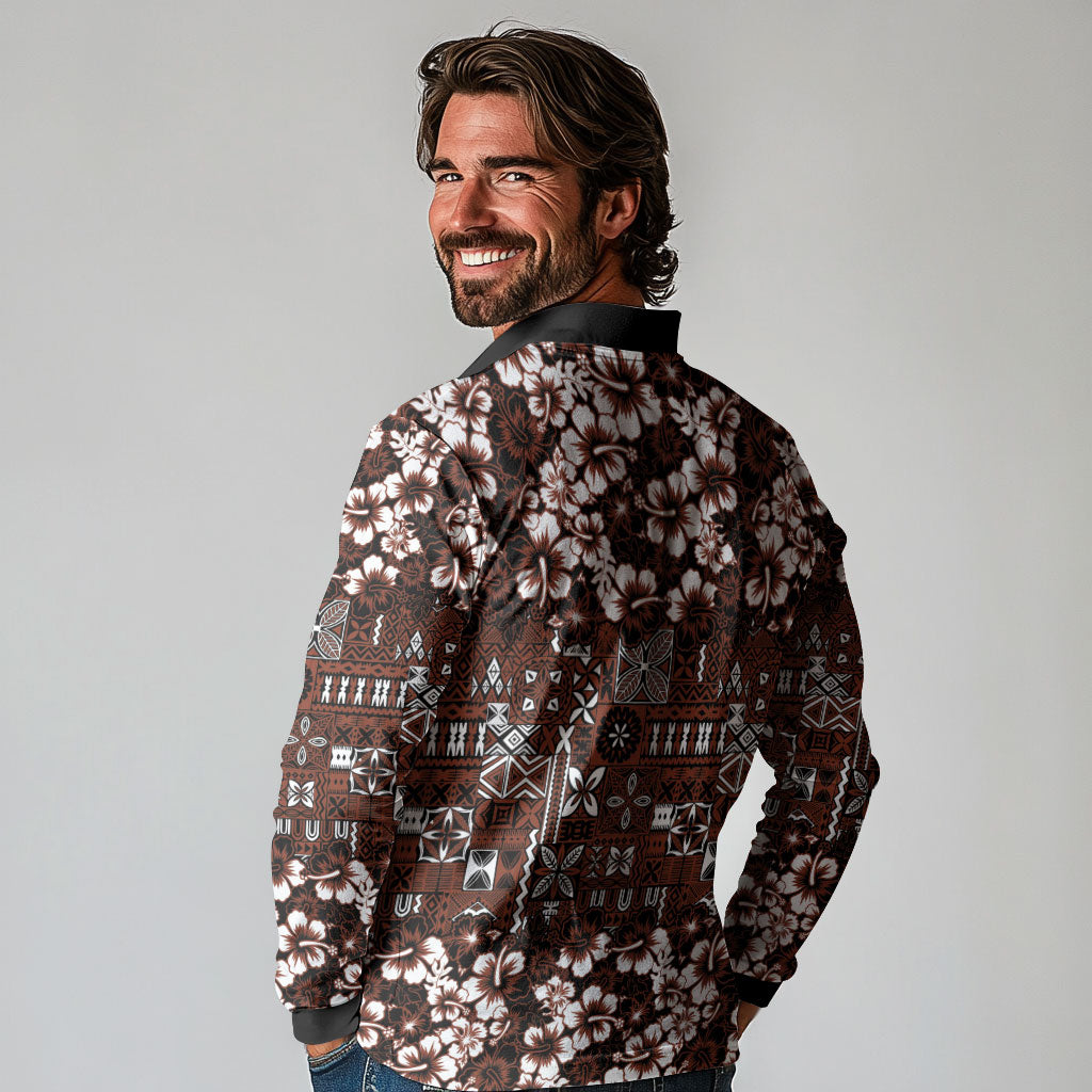 Burgundy Hawaiian Tapa Tribal Hibiscus Long Sleeve Polo Shirt