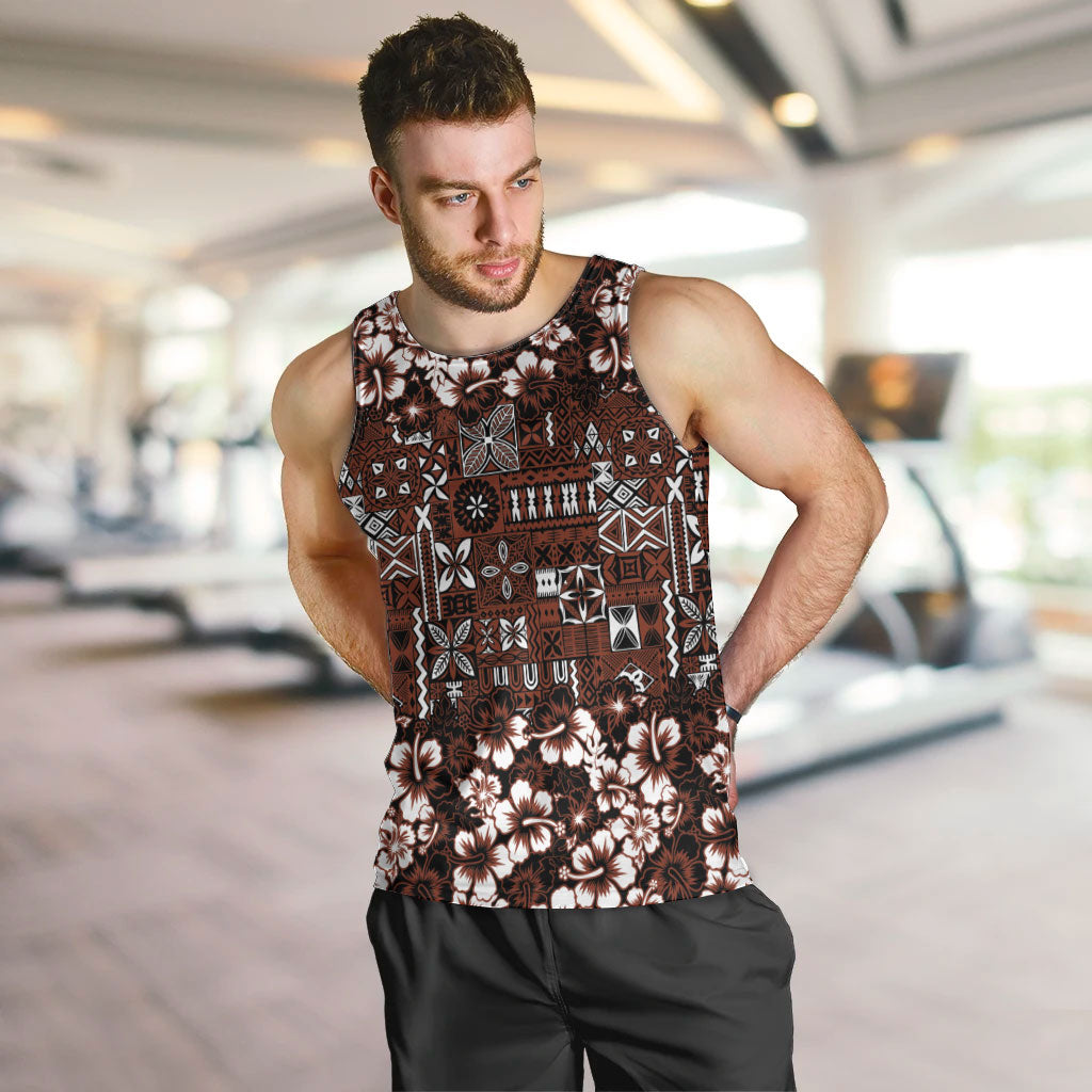 Burgundy Hawaiian Tapa Tribal Hibiscus Men Tank Top